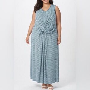 Catherines Women’s 4X Striped Knot Front Maxi Dress Blue White Sleeveless NWT